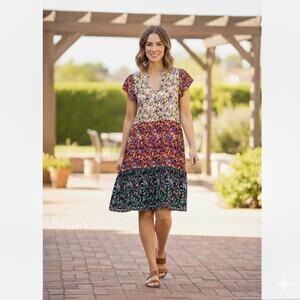 Suzanne Betro Tiered Floral Colorblock Dress